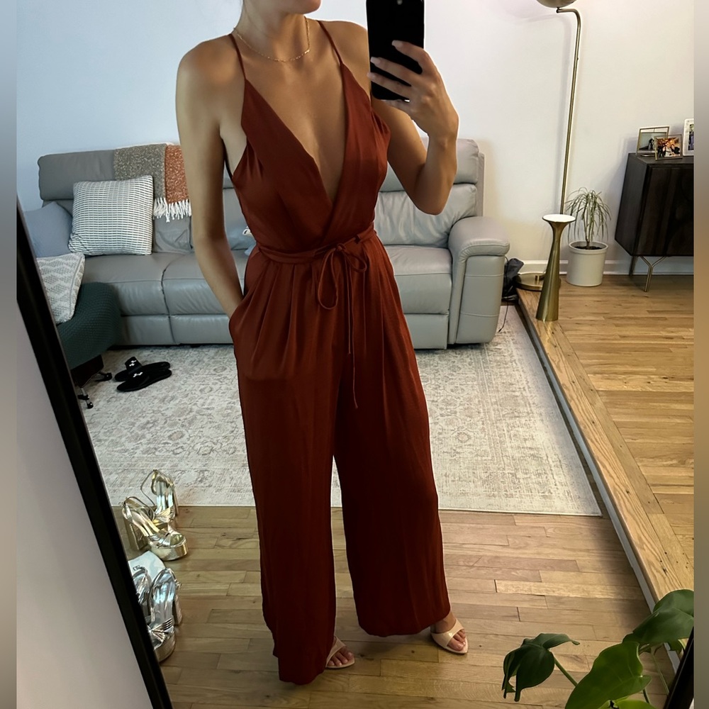 Lush Rust Satin Jumpsuit Small